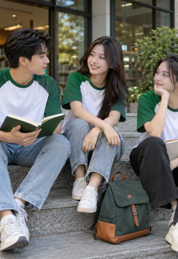 Áo lớp raglan cotton trắng phối xanh lá