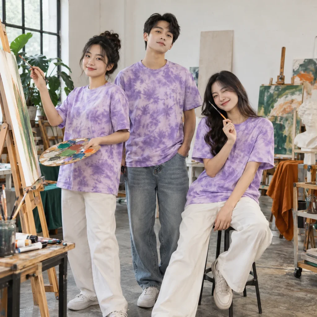 Áo lớp tie dye cotton tím lavender loang trắng