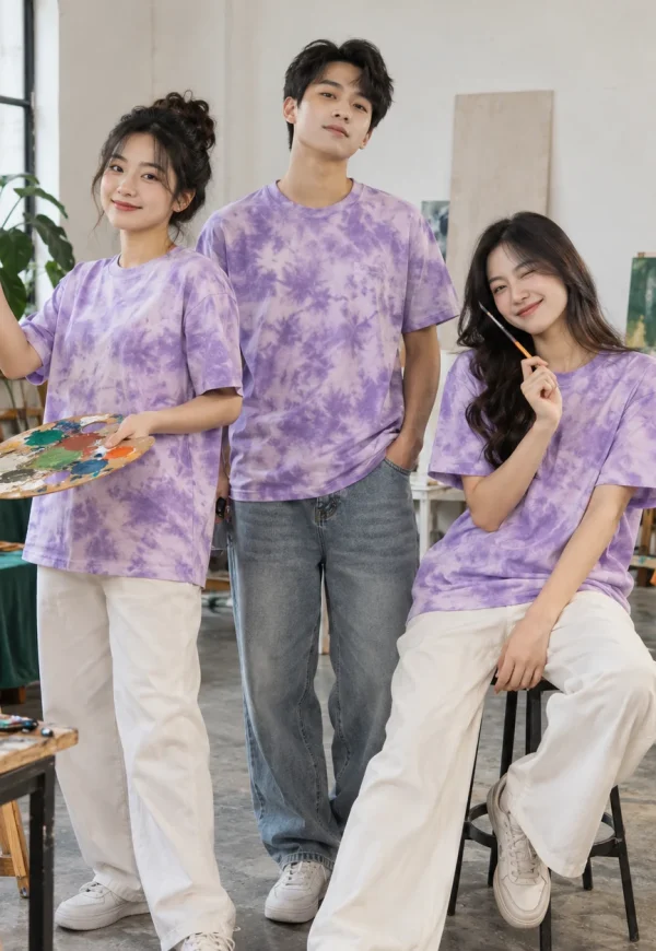 Áo lớp tie dye cotton tím lavender loang trắng