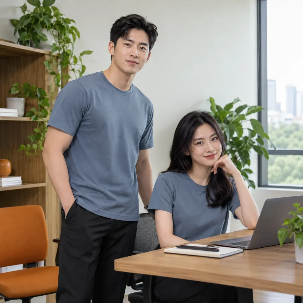 Áo phông công sở modal xanh khói tối giản