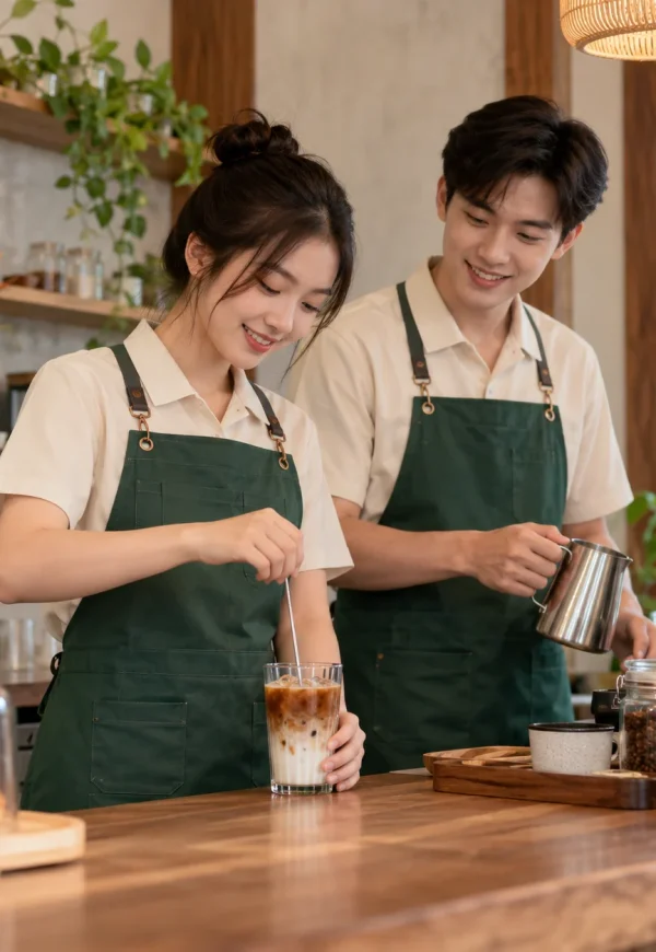 Áo phông kem phối tạp dề xanh rêu cho quán