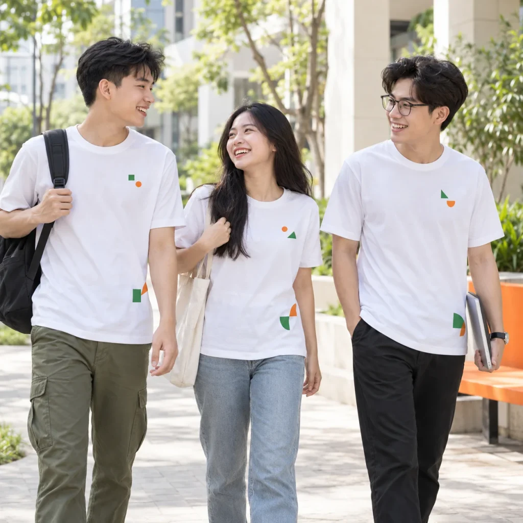 Áo phông nhóm cotton trắng in hình tối giản