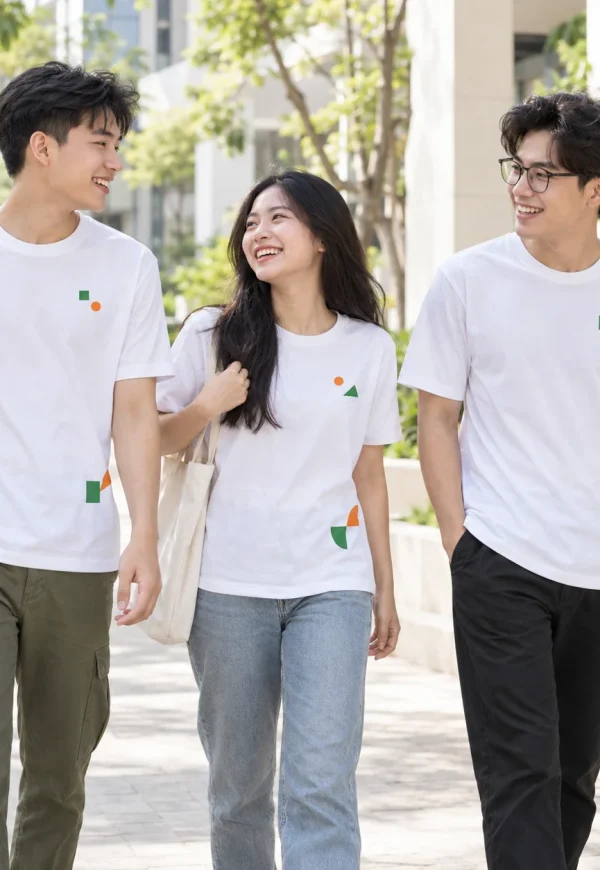 Áo phông nhóm cotton trắng in hình tối giản