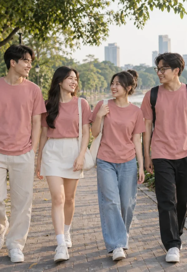 Áo phông nhóm cotton hồng đất in nét mảnh
