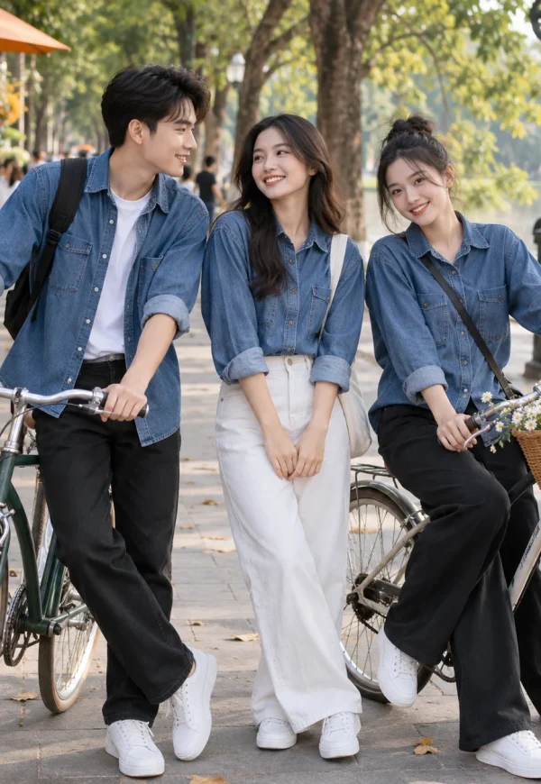 Áo phông nhóm cotton xanh denim in biểu tượng nhỏ
