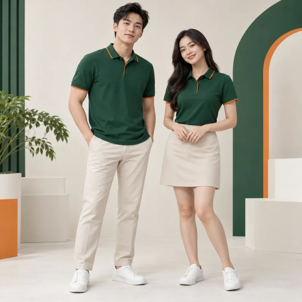Áo polo đồng phục cá sấu xanh than phối cổ trắng