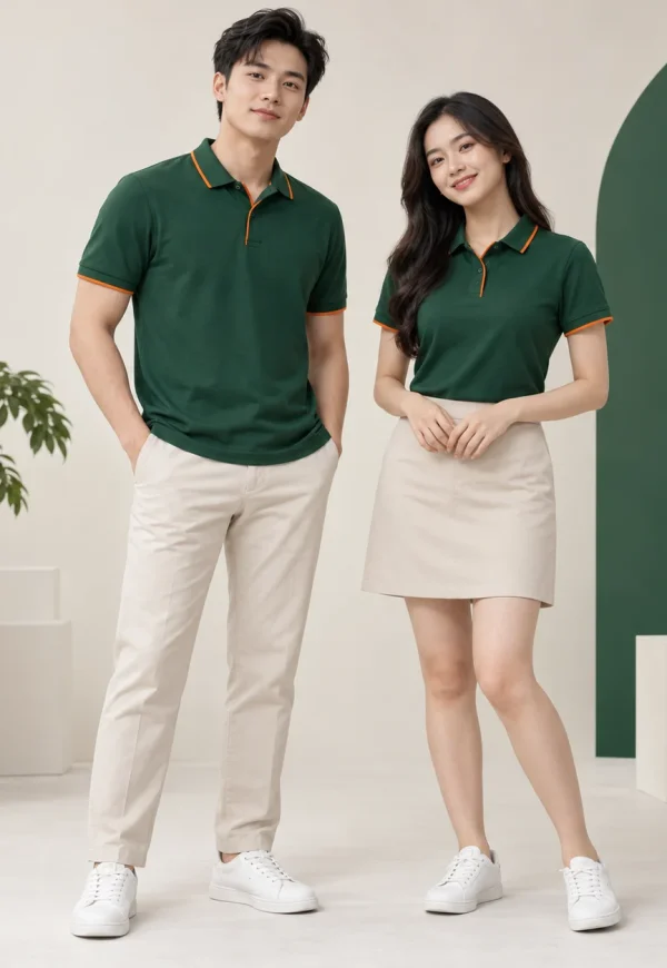 Áo polo đồng phục cá sấu xanh than phối cổ trắng