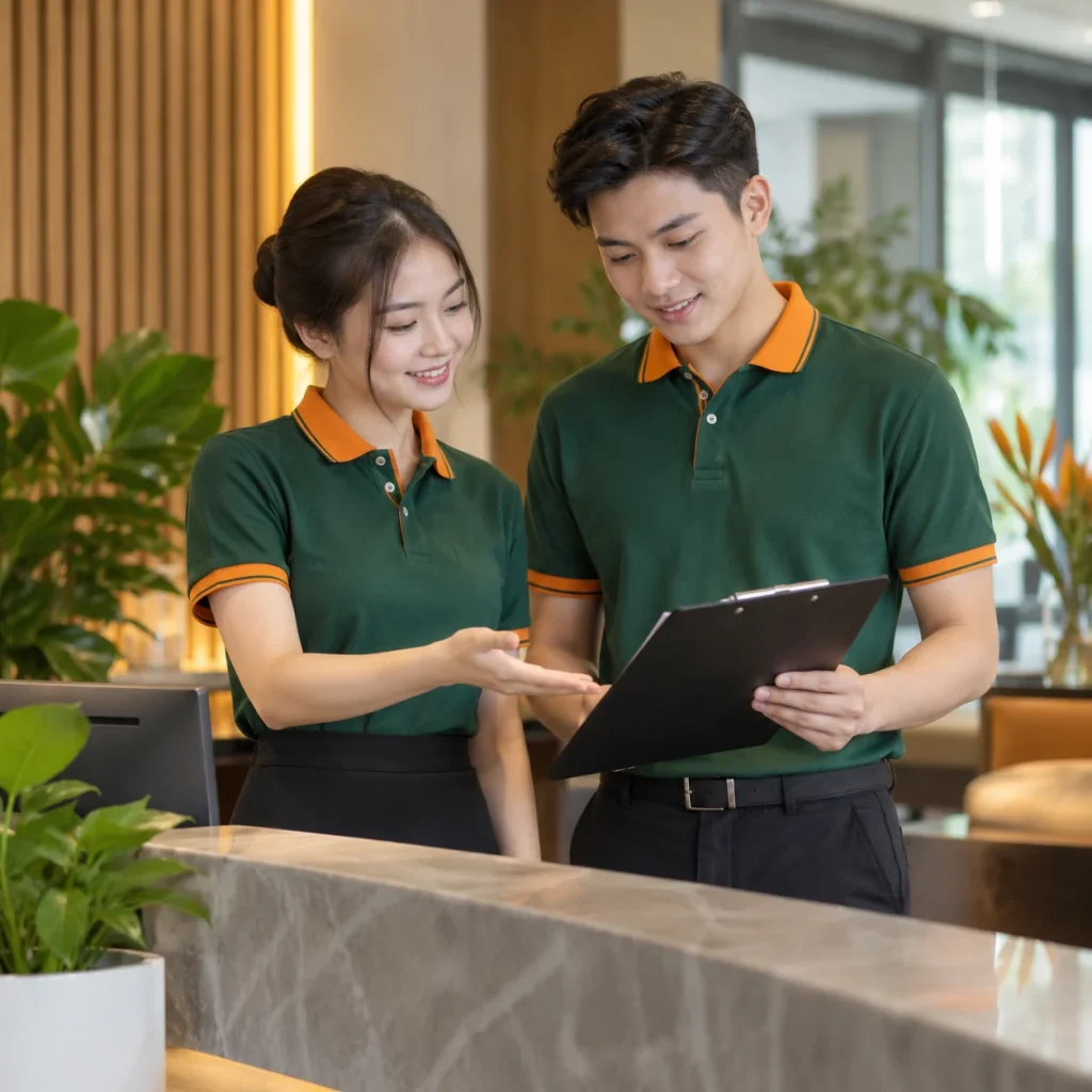 Áo polo đồng phục xanh rêu phối cam năng động