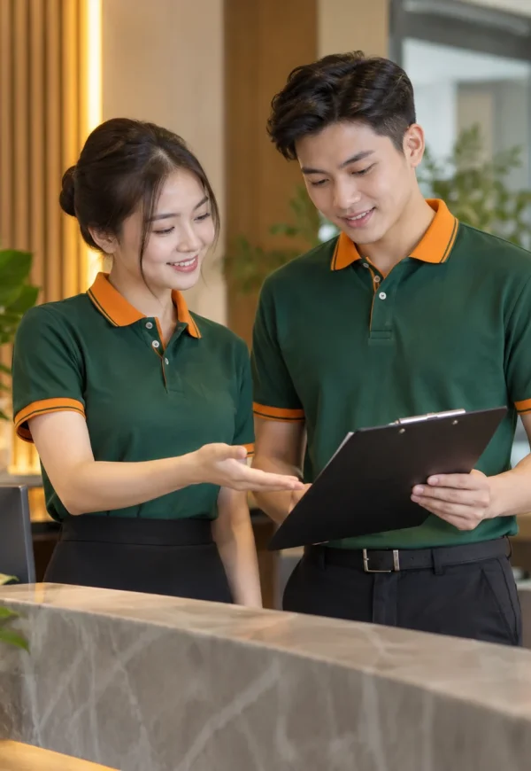 Áo polo đồng phục xanh rêu phối cam năng động