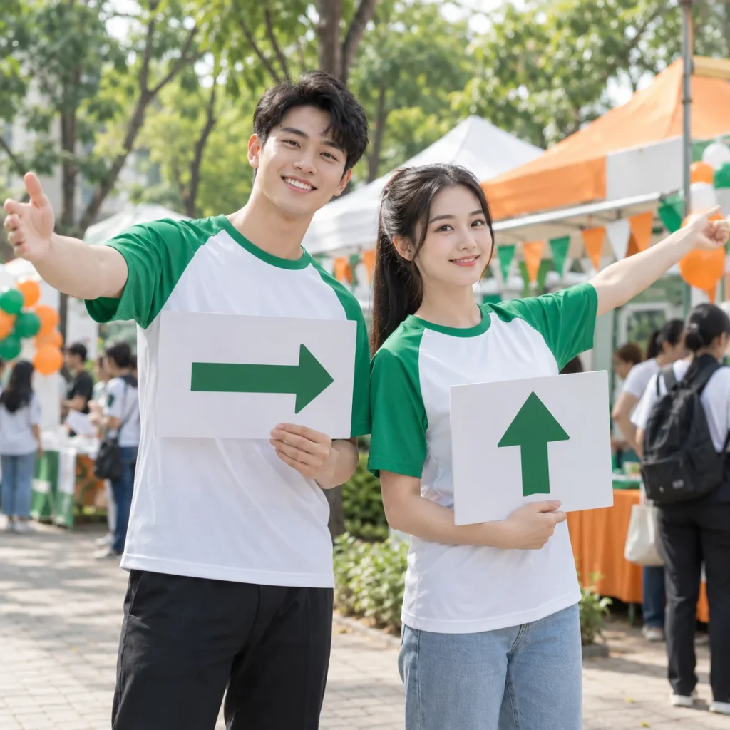 Áo sự kiện cộng đồng polyester trắng phối xanh