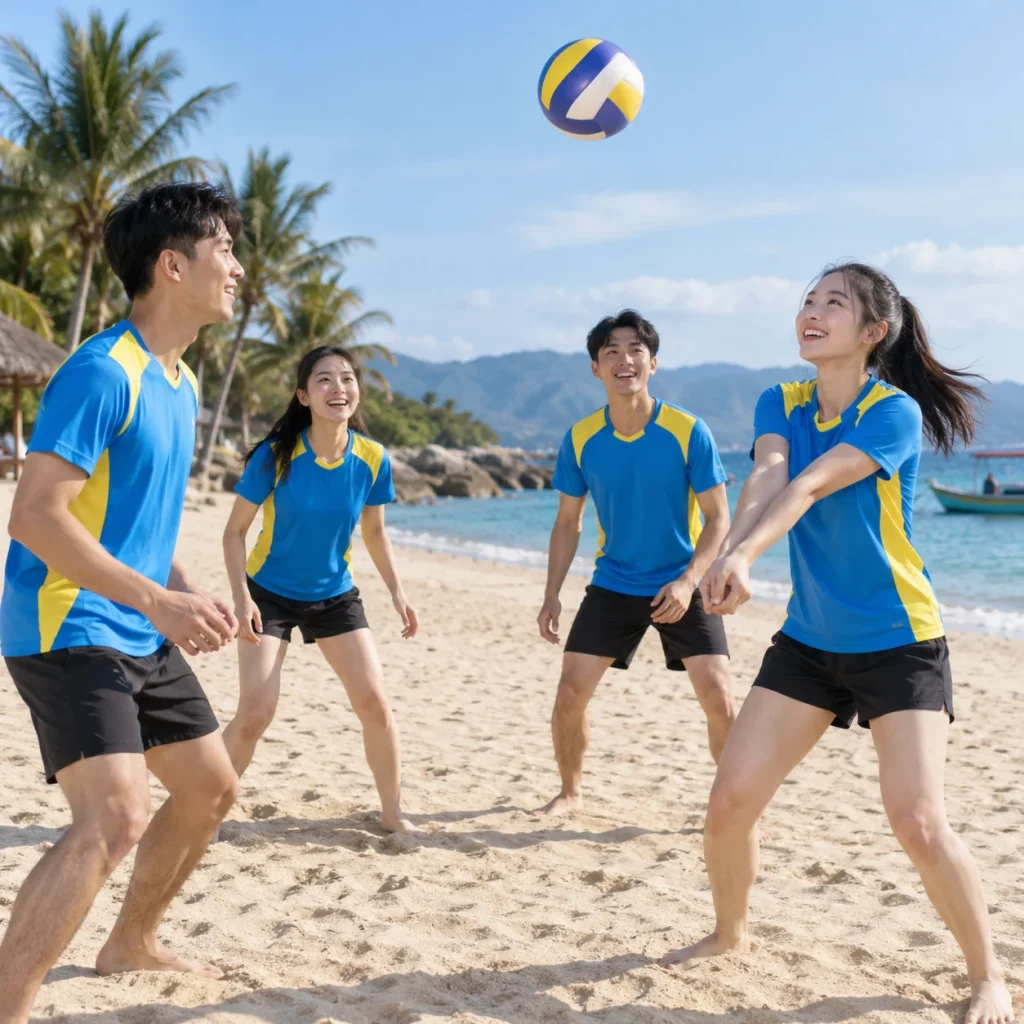 Áo team building polyester xanh biển phối vàng