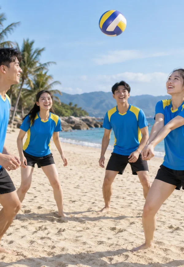 Áo team building polyester xanh biển phối vàng