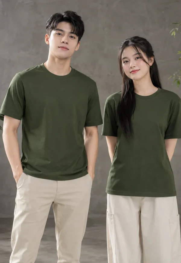 Áo t-shirt cotton compact xanh rêu cổ tròn