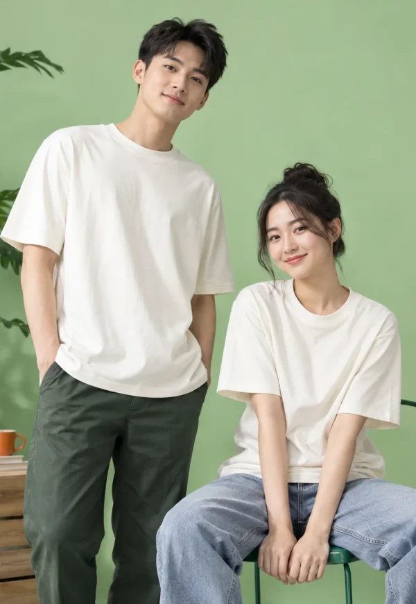 Áo t-shirt cotton trắng ngà form boxy hiện đại