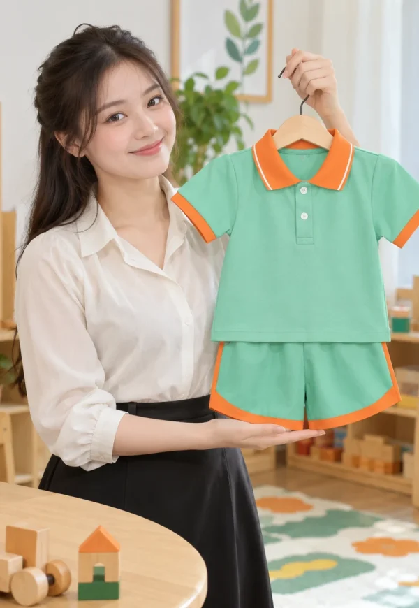 Bộ mầm non cotton xanh ngọc phối cam vui tươi