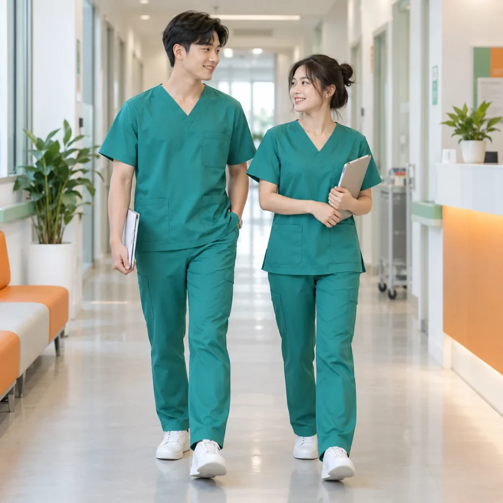 Bộ scrubs y tế kaki thun xanh ngọc cổ tim