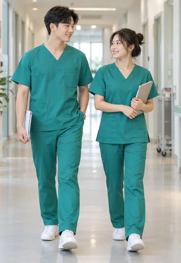 Bộ scrubs y tế kaki thun xanh ngọc cổ tim