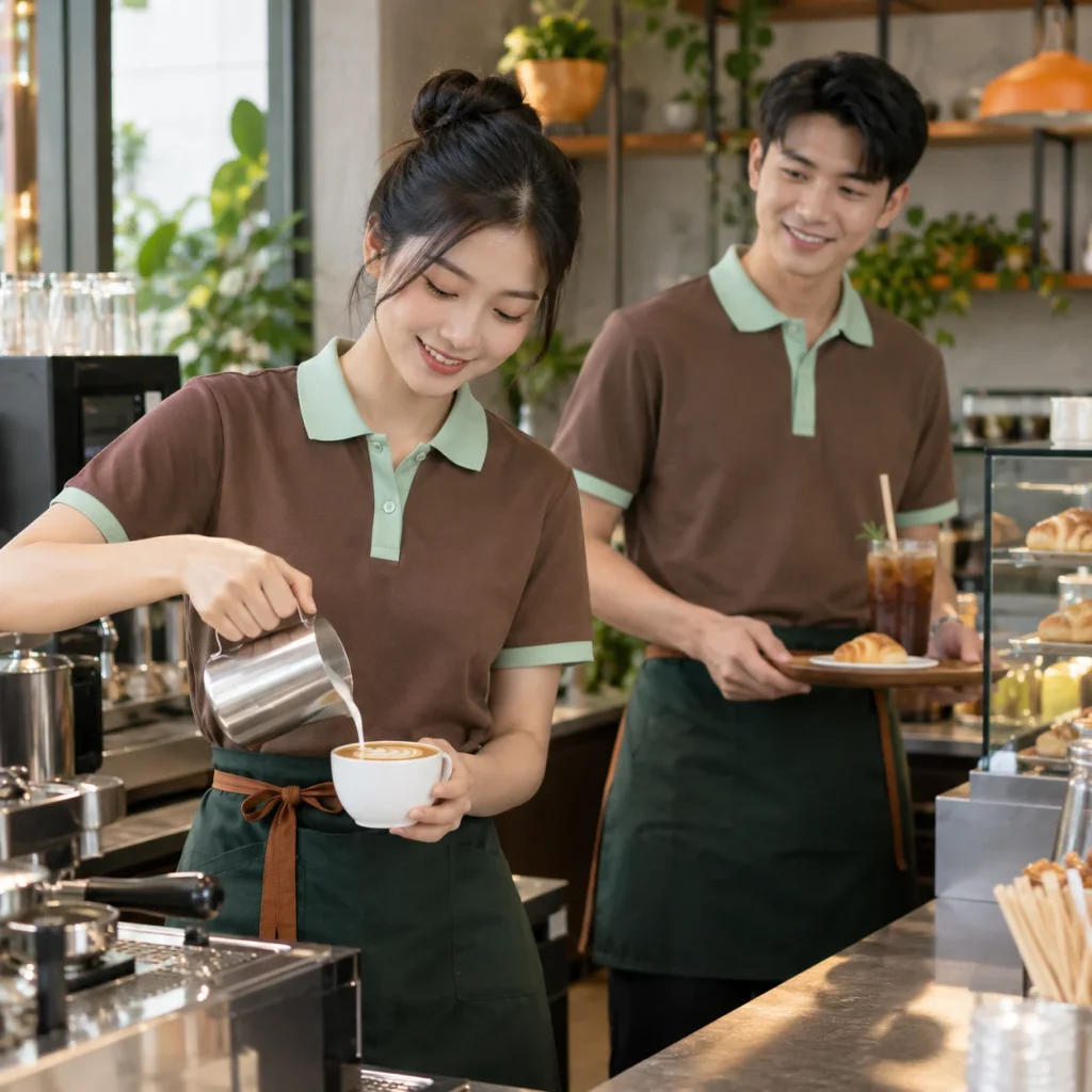 Đồng phục cafe polo nâu mocha phối xanh mint
