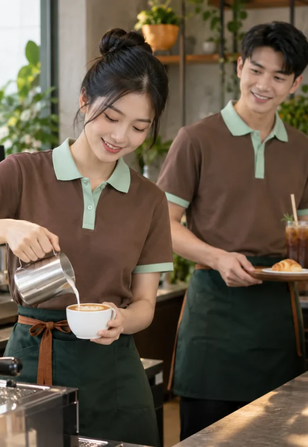 Đồng phục cafe polo nâu mocha phối xanh mint