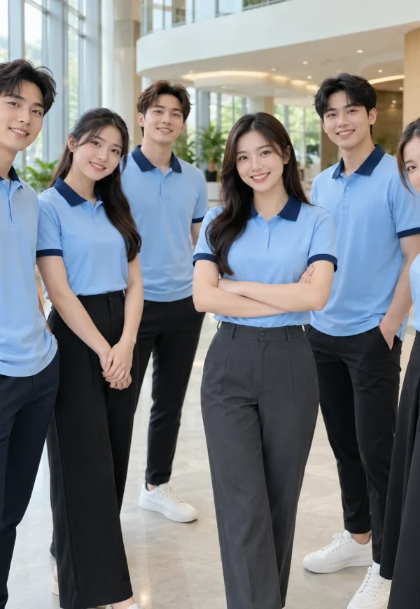 Đồng phục công ty polo xanh thiên thanh phối navy