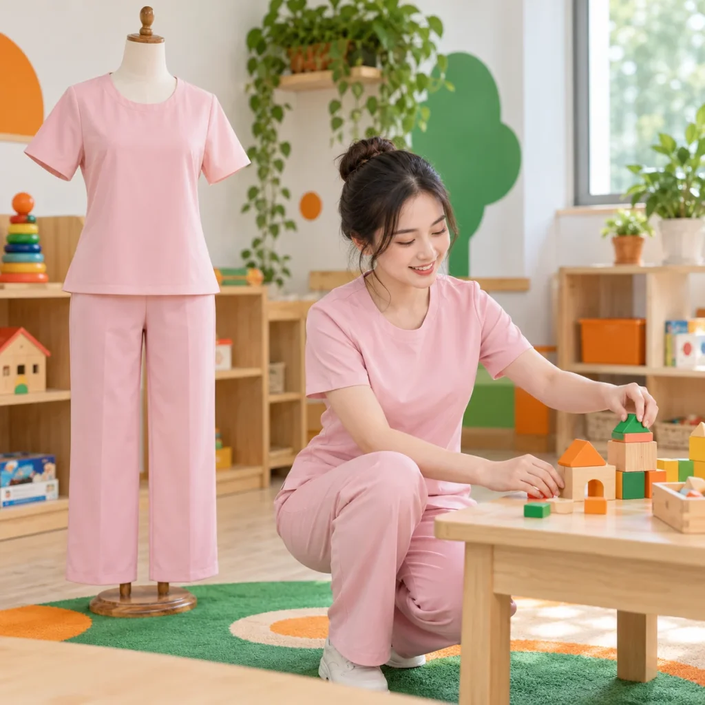 Đồng phục giáo viên mầm non cotton hồng pastel