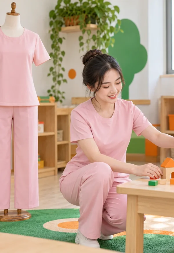 Đồng phục giáo viên mầm non cotton hồng pastel