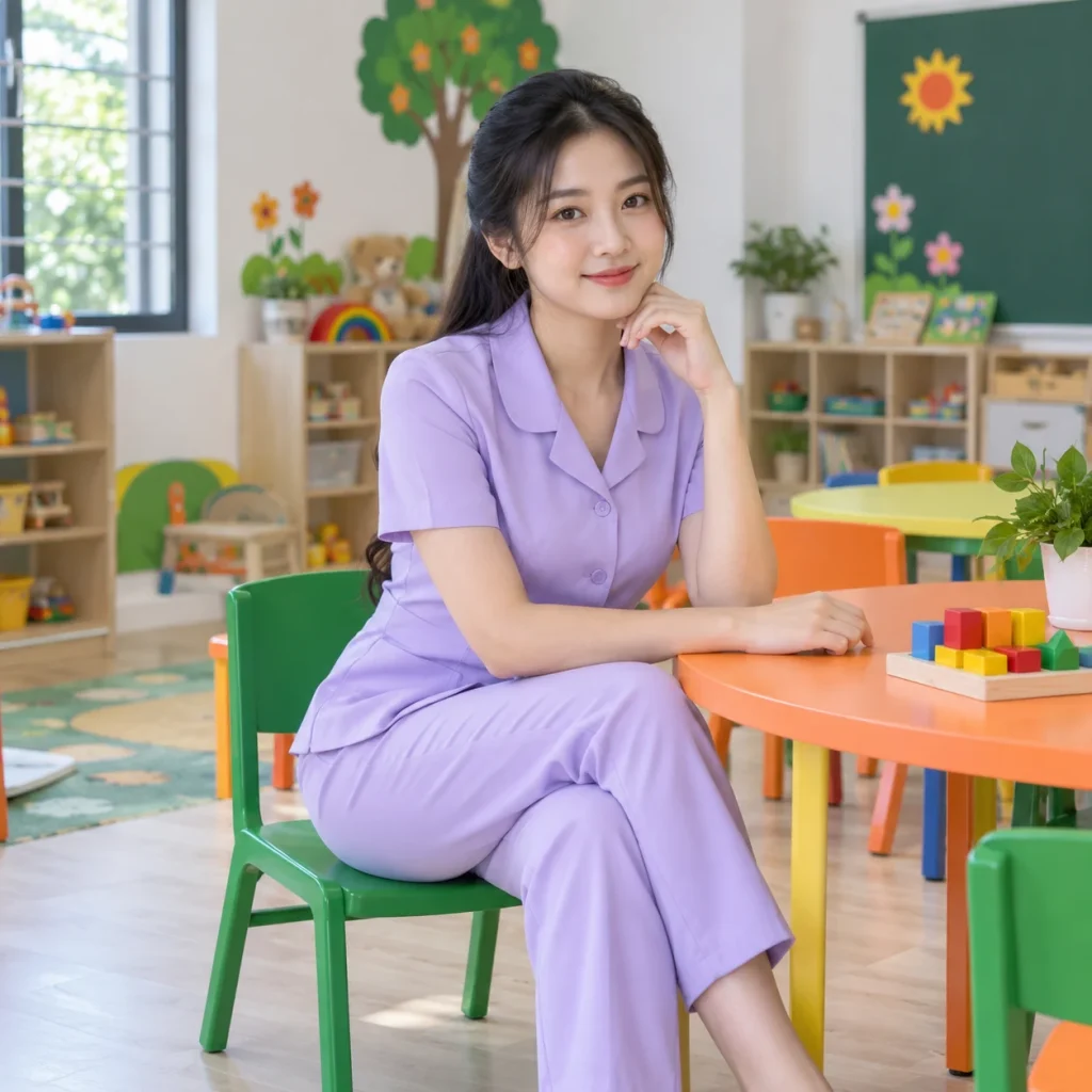 Đồng phục giáo viên mầm non xanh lavender mềm mại