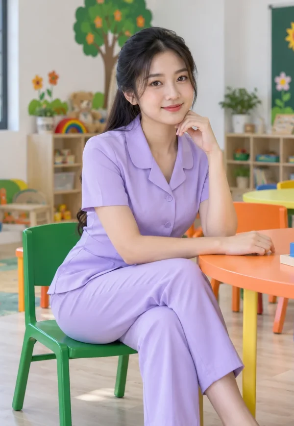 Đồng phục giáo viên mầm non xanh lavender mềm mại