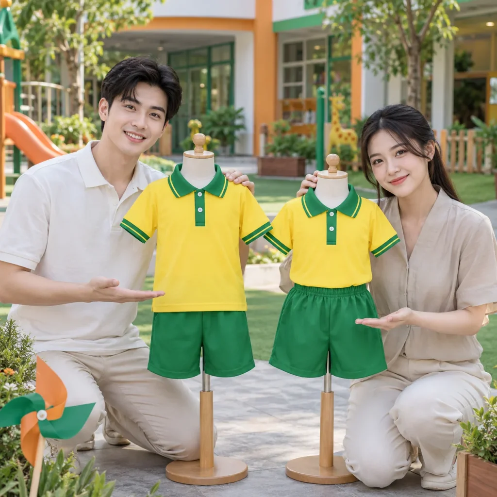 Bộ đồng phục mầm non cotton vàng phối xanh lá