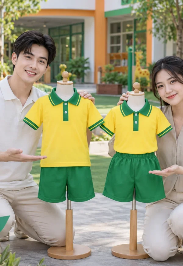 Bộ đồng phục mầm non cotton vàng phối xanh lá