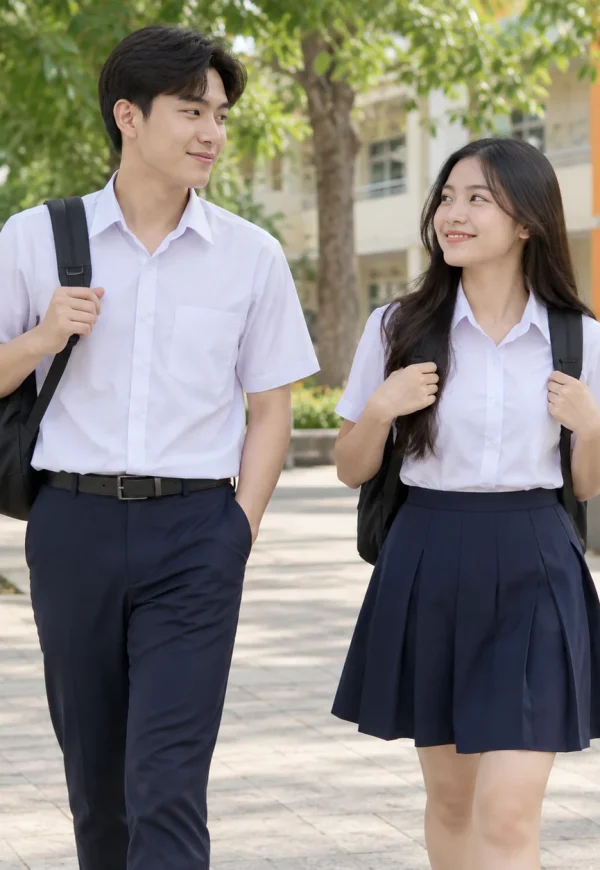 Bộ đồng phục học sinh sơ mi trắng quần xanh than