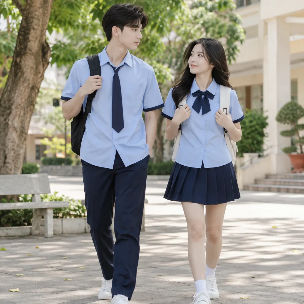 Đồng phục học sinh sơ mi xanh nhạt quần navy
