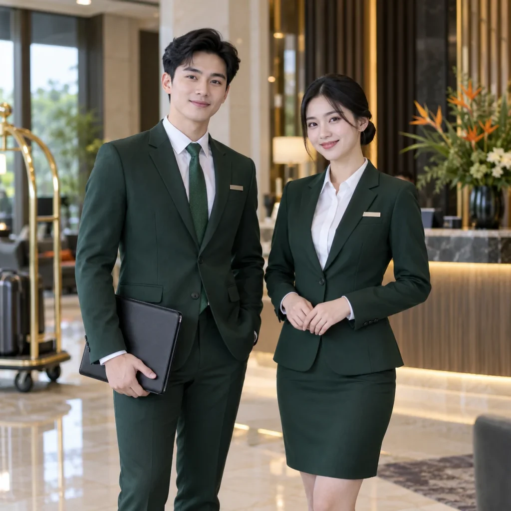 Đồng phục khách sạn sơ mi trắng vest xanh rêu