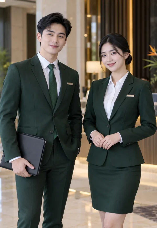 Đồng phục khách sạn sơ mi trắng vest xanh rêu