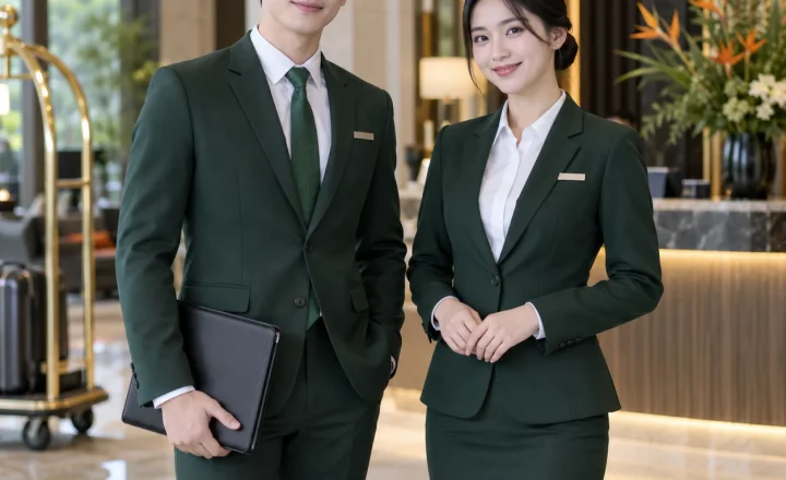 Đồng phục khách sạn sơ mi trắng vest xanh rêu