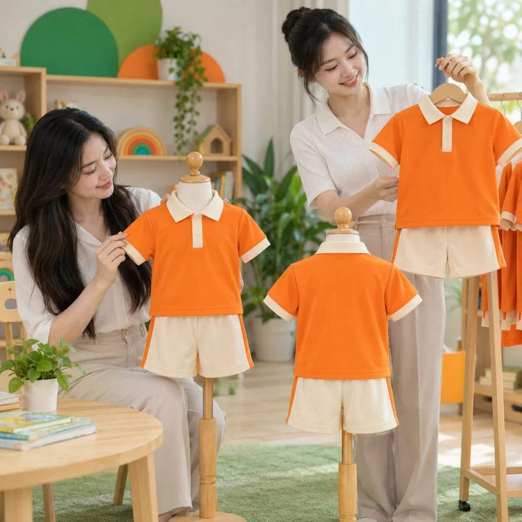 Bộ đồng phục mầm non thun cá sấu cam phối kem