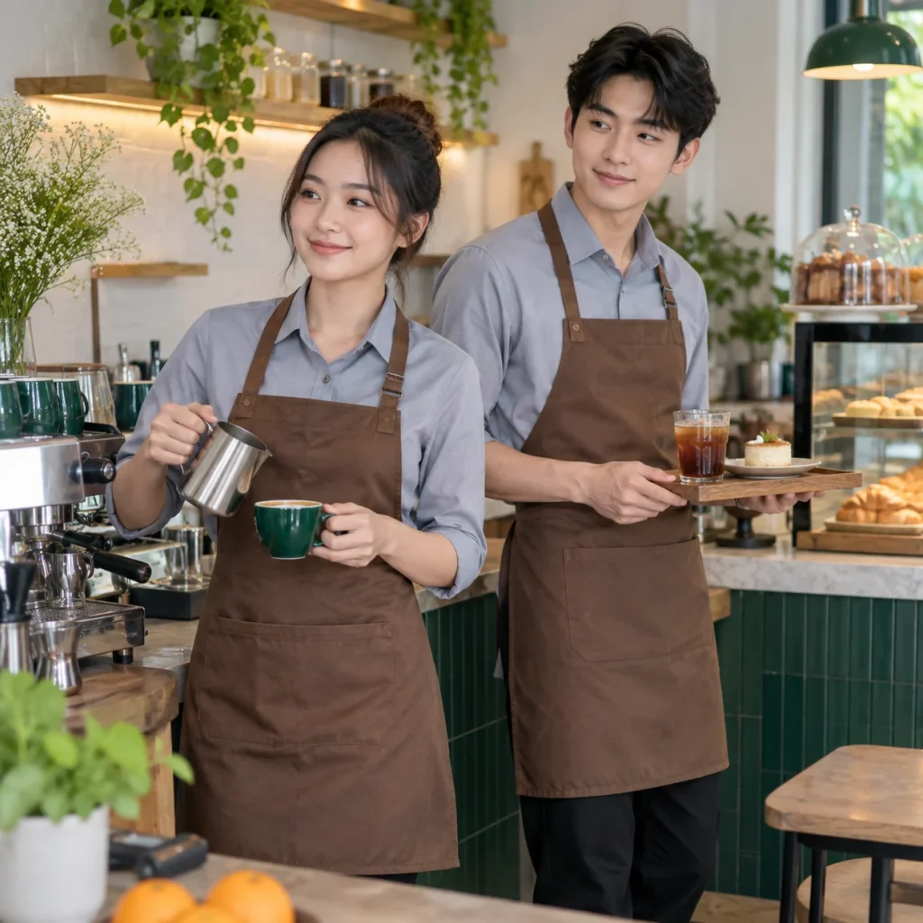 Đồng phục phục vụ ghi xanh phối tạp dề da