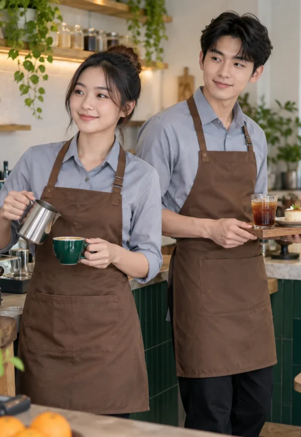 Đồng phục phục vụ ghi xanh phối tạp dề da