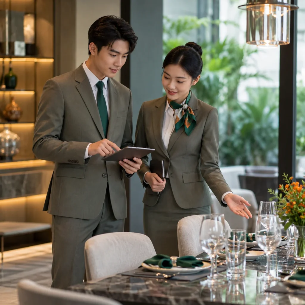 Đồng phục quản lý nhà hàng vest ghi olive