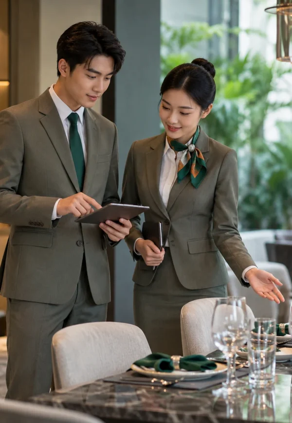 Đồng phục quản lý nhà hàng vest ghi olive