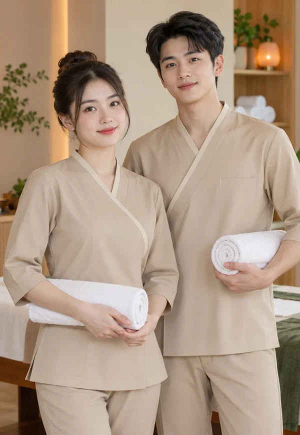 Bộ đồng phục spa lụa tuyết màu be cổ chéo