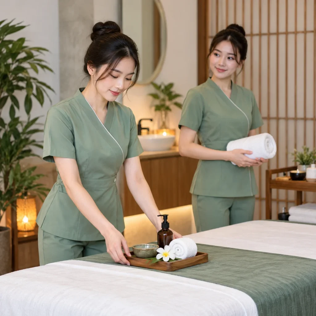Đồng phục spa xanh sage cổ chéo tối giản