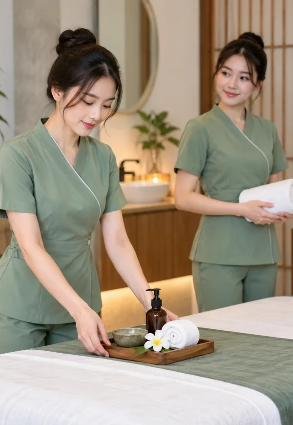 Đồng phục spa xanh sage cổ chéo tối giản