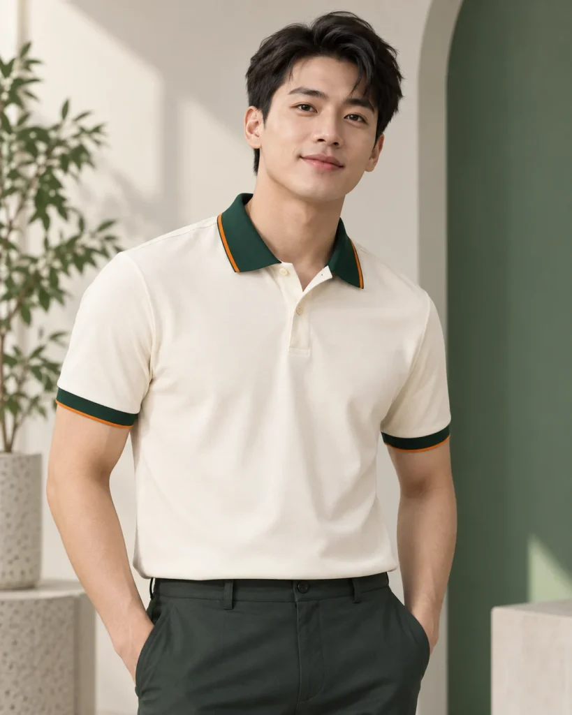 Áo polo kem phối cổ xanh lá