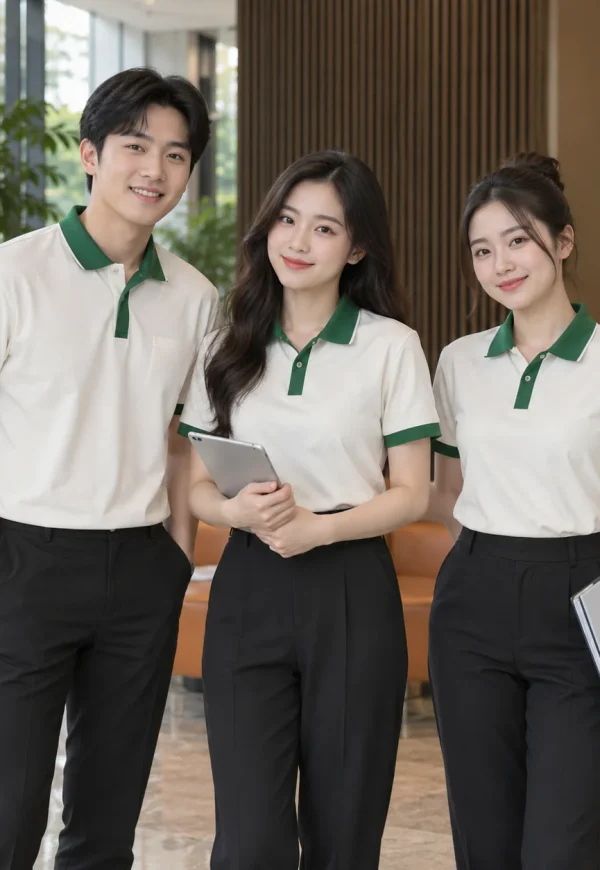 Đồng phục công ty polo trắng kem phối xanh lá