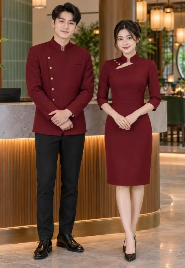 Váy đồng phục lễ tân nhà hàng đỏ rượu cổ cách điệu