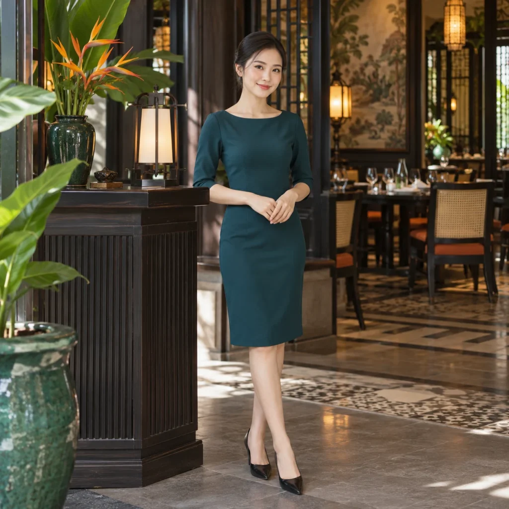 Váy lễ tân nhà hàng xanh cổ vịt cổ thuyền